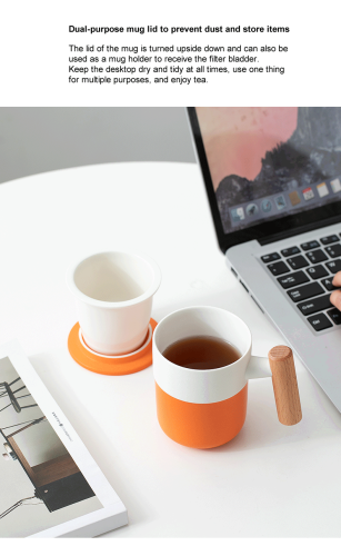 Orange white two-color ceramic wooden handle tea water separation office personal coffee tea mugs