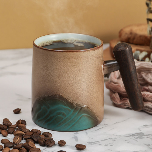 Green Mountain Desert Style Office Cup Double Layer Glazed Wood Handle with Lid and Inner Tank Mug Coffee Mug
