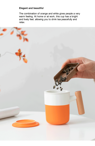 Orange white two-color ceramic wooden handle tea water separation office personal coffee tea mugs