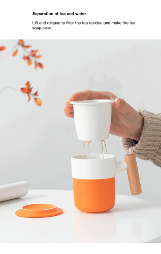 Orange white two-color ceramic wooden handle tea water separation office personal coffee tea mugs