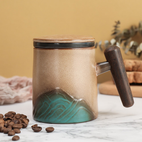 Green Mountain Desert Style Office Cup Double Layer Glazed Wood Handle with Lid and Inner Tank Mug Coffee Mug