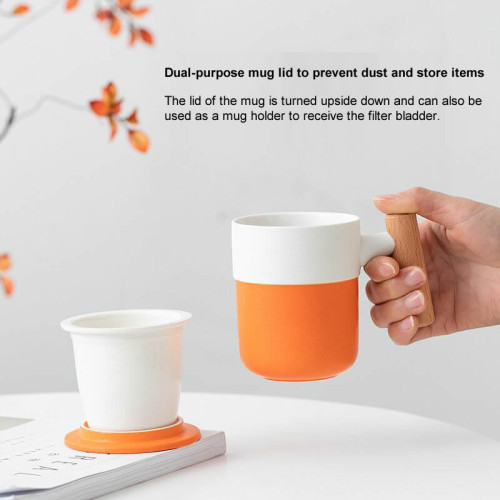 Orange white two-color ceramic wooden handle tea water separation office personal coffee tea mugs